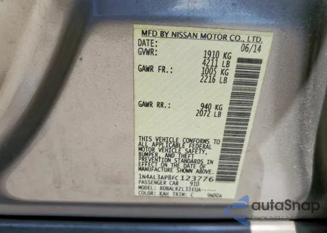 2015 Nissan Altima 2.5 from USA, damaged, VIN 1N4AL3AP8FC123776